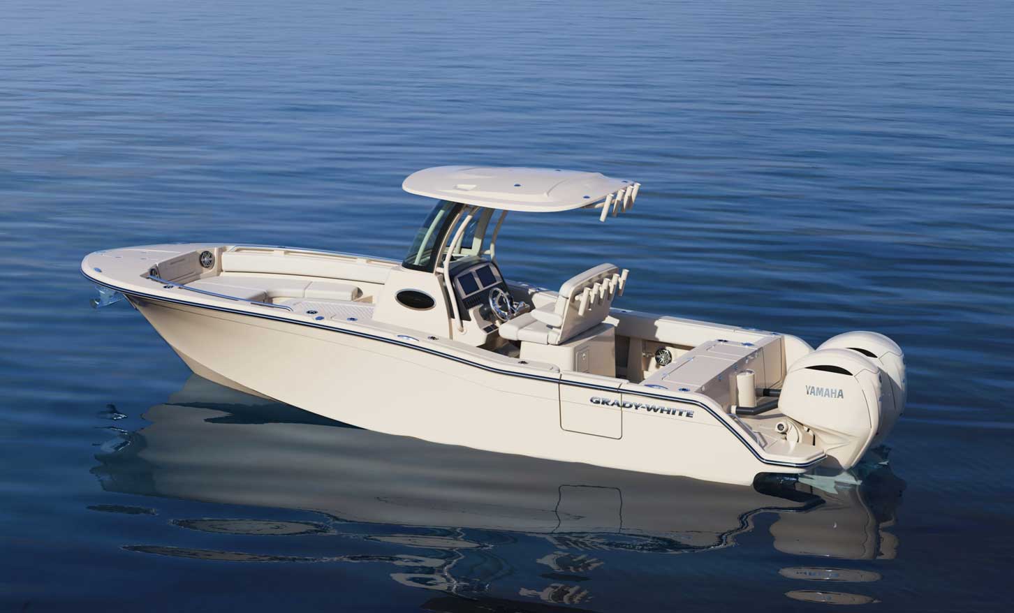 3D computer rendering of Grady-White Canyon 266 port side view of boat interior and helm area