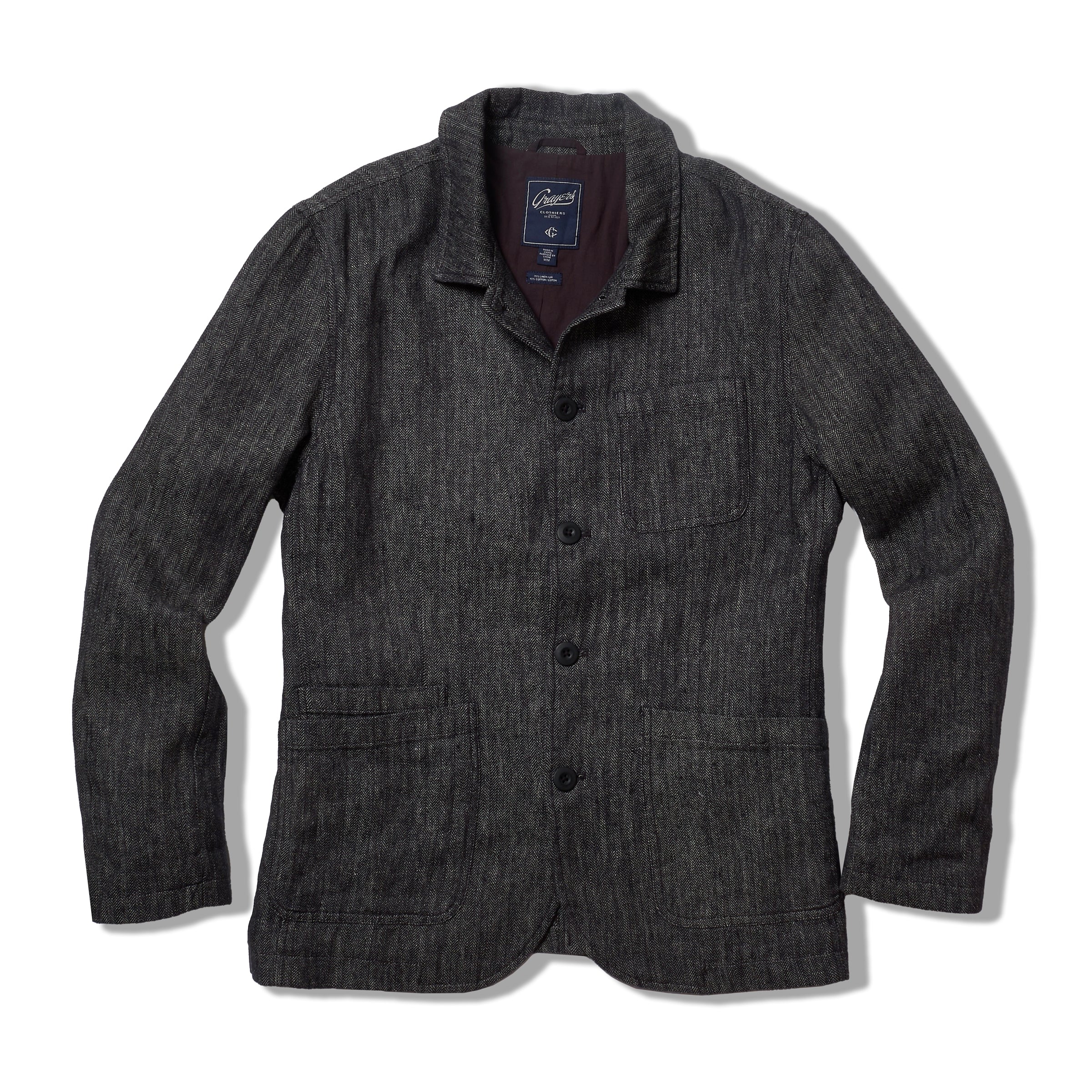 Image of Gaudet Linen French Chore Jacket - Navy Herringbone