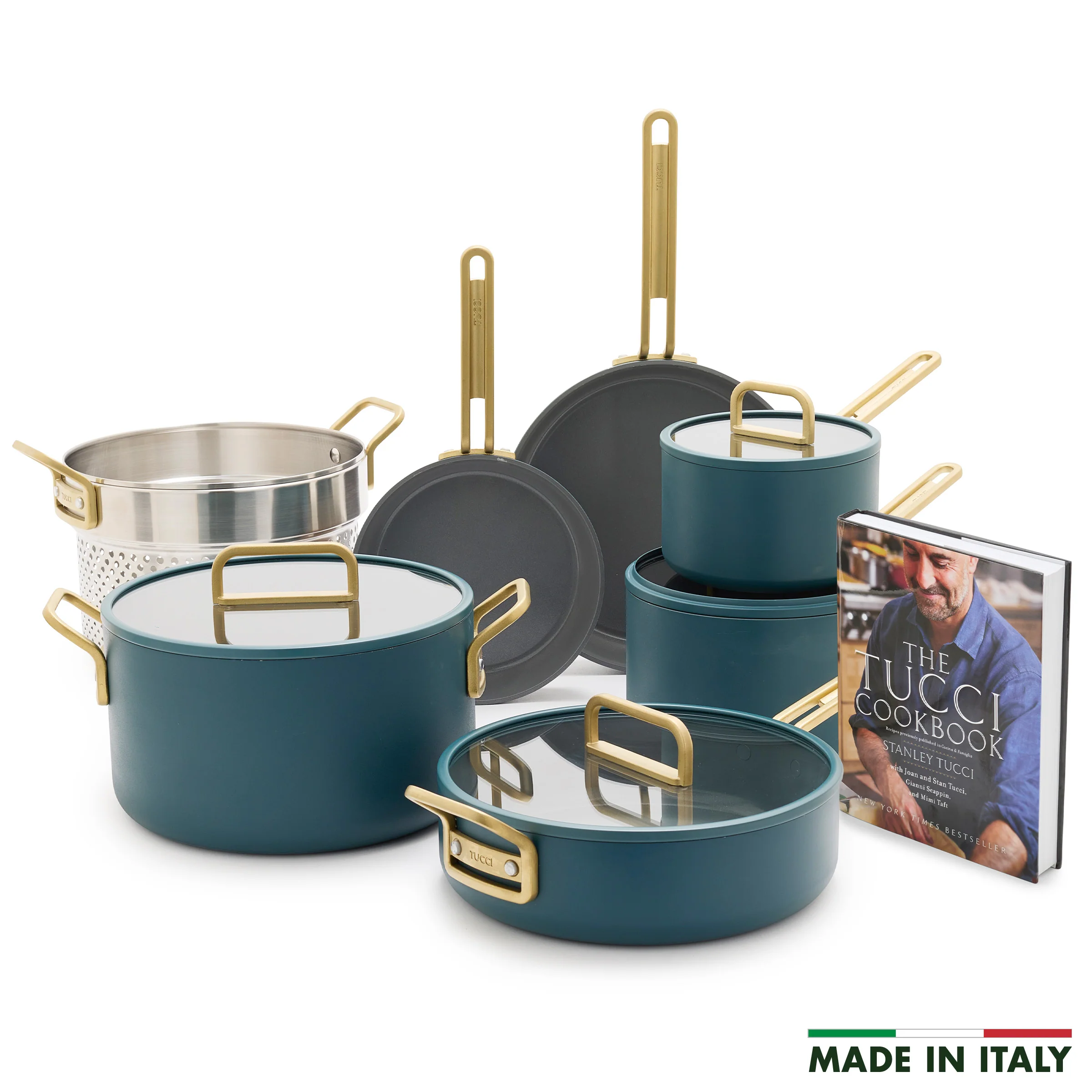 Image of Stanley Tucci™ Ceramic Nonstick 11-Piece Cookware Set with the Tucci Cookbook | Venetian Teal