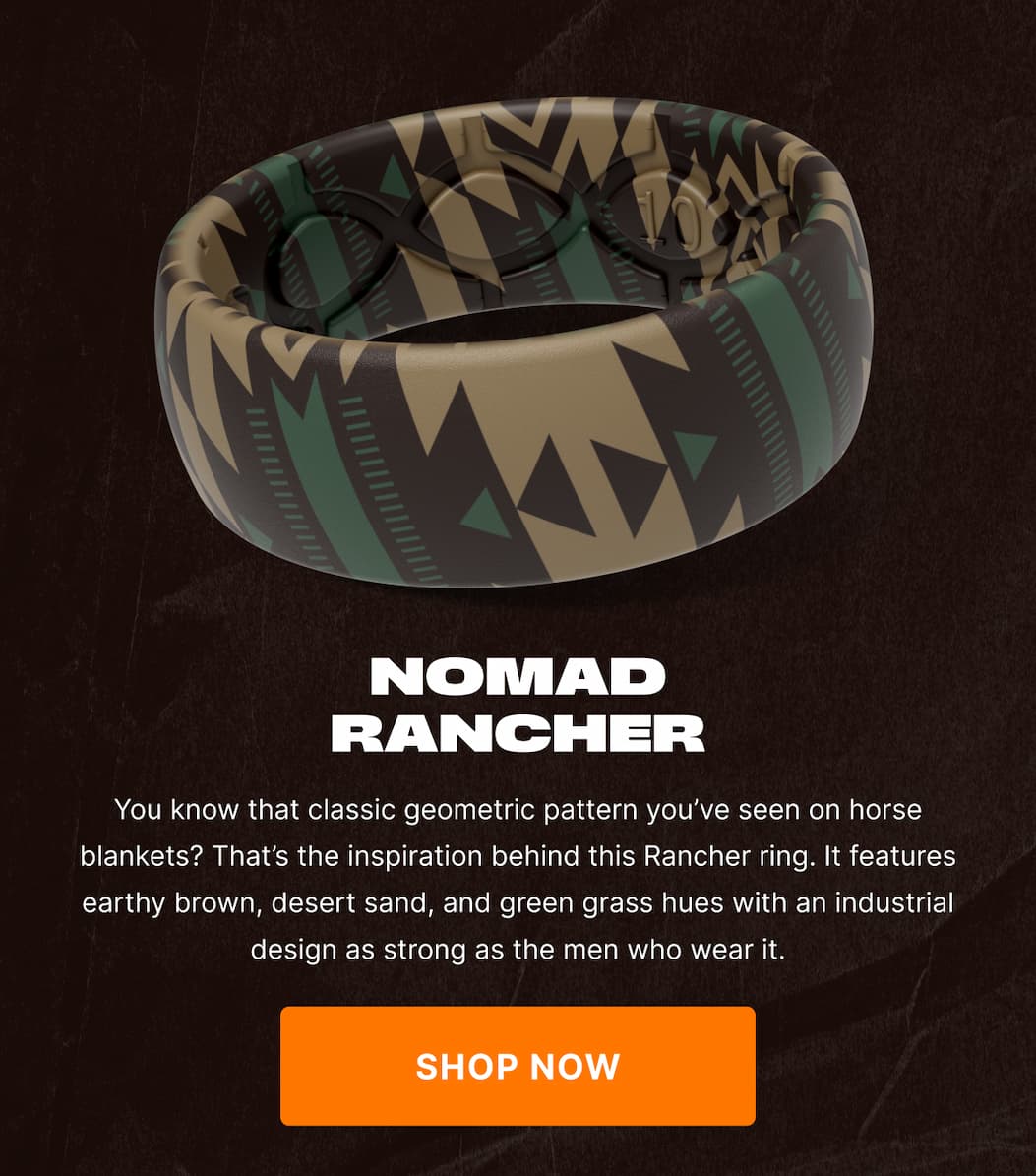 Nomad Rancher: You know that classic geometric pattern you’ve seen on horse blankets? That’s the inspiration behind this Rancher ring. It features earthy brown, desert sand, and green grass hues with an industrial design as strong as the men who wear it. SHOP NOW