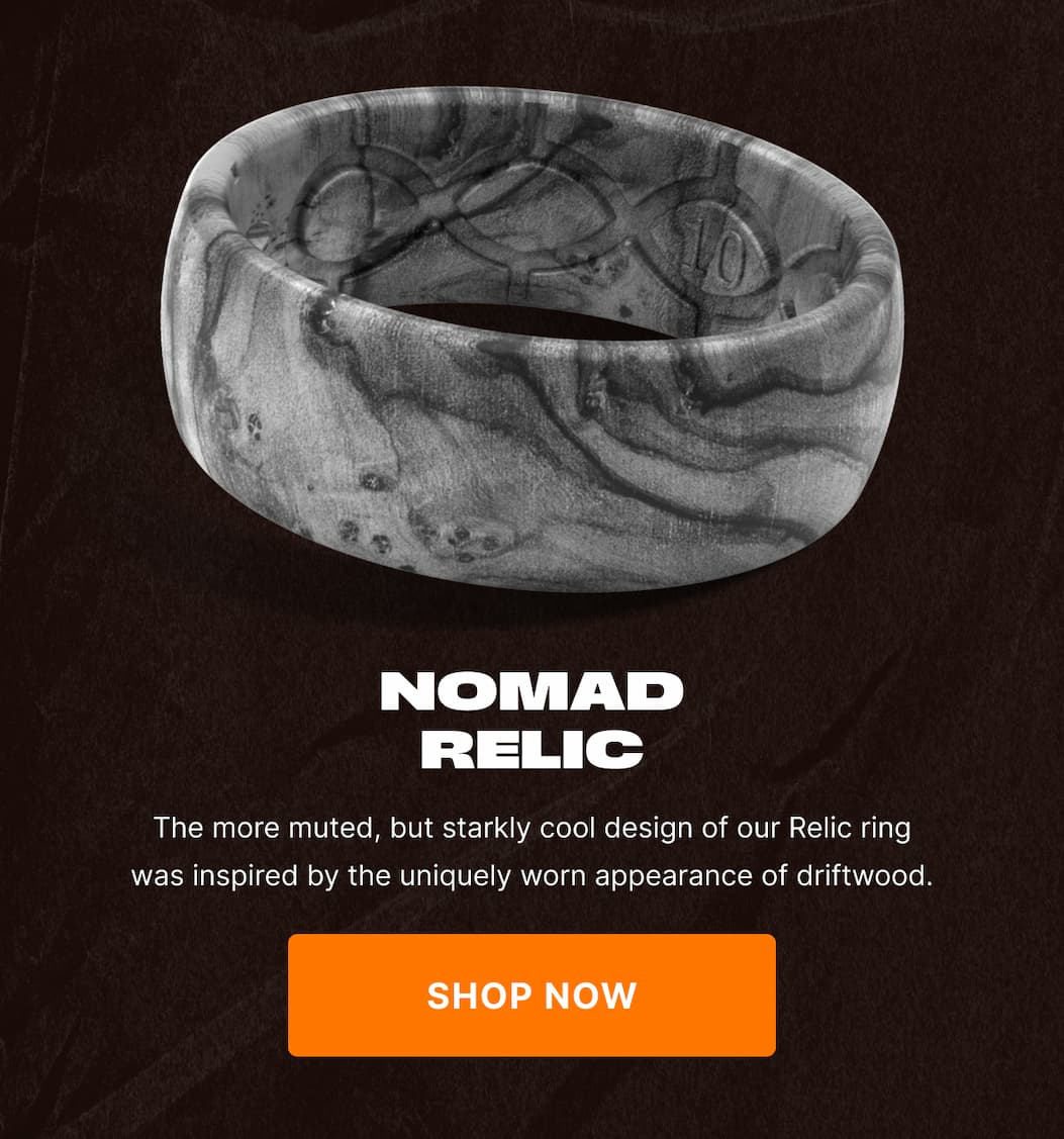 Nomad Relic: The more muted, but starkly cool design of our Relic ring was inspired by the uniquely worn appearance of driftwood. SHOP NOW