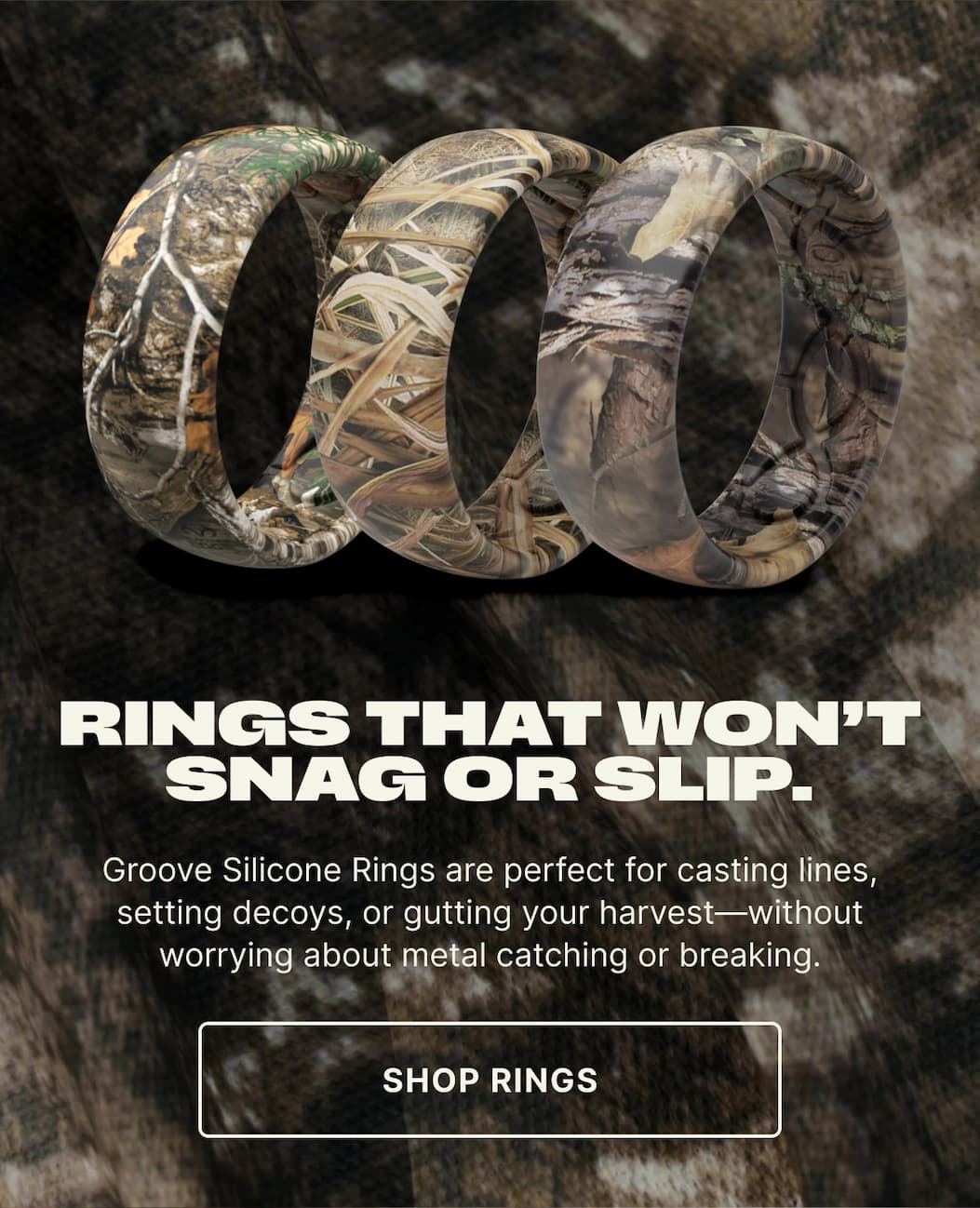 Rings That Won’t Snag or Slip.Groove Silicone Rings are perfect for casting lines, setting decoys, or gutting your harvest—without worrying about metal catching or breaking. - SHOP RINGS