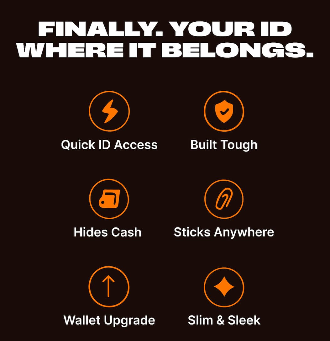 Finally. Your ID where it belongs. Quick ID Access. Built Tough. Hides Cash. Sticks Anywhere. Wallet Upgrade. Slim and Sleek.