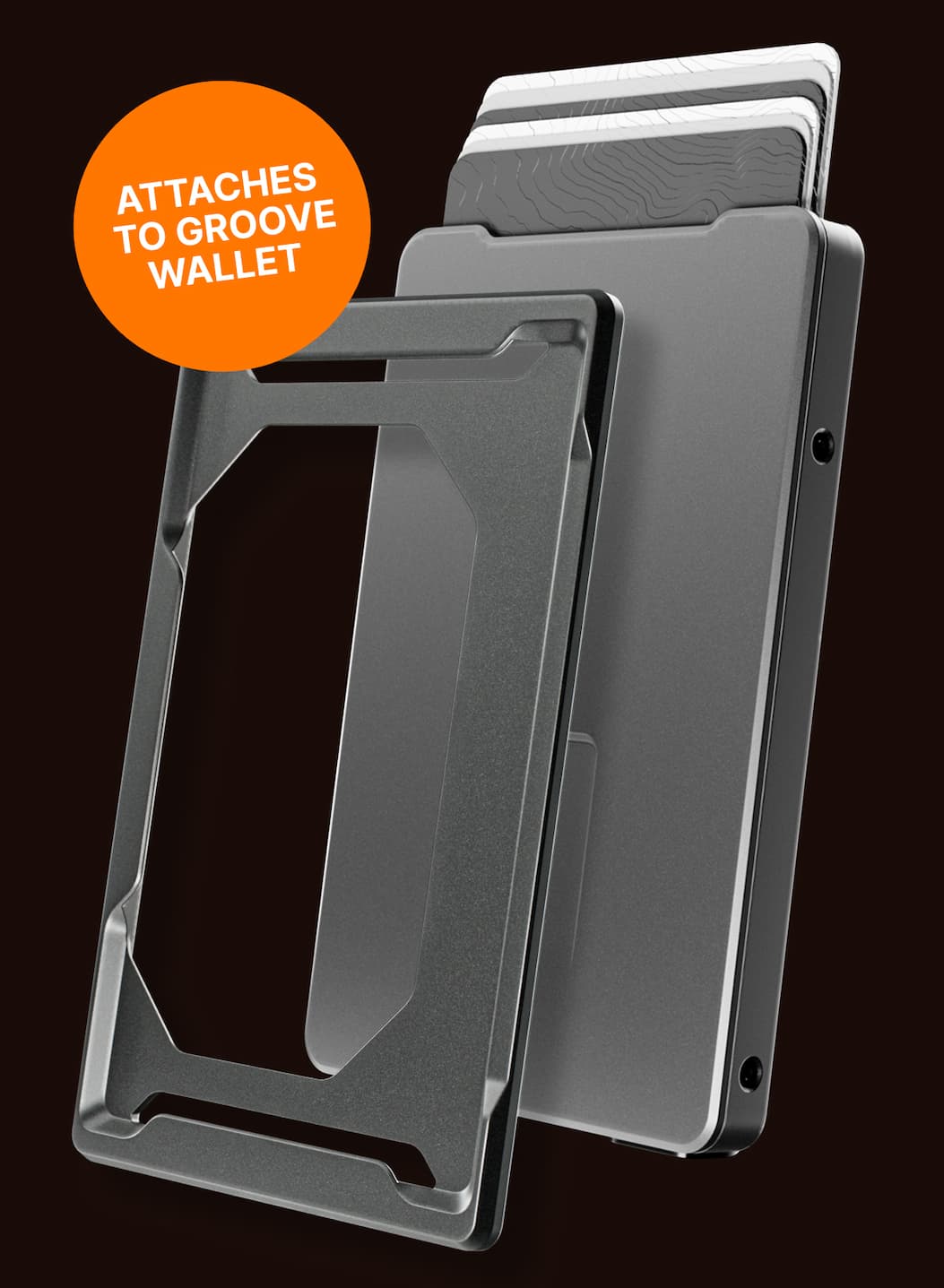 Product image of the Groove Wallet and the ID Holder with callout "Attaches to Groove Wallet"