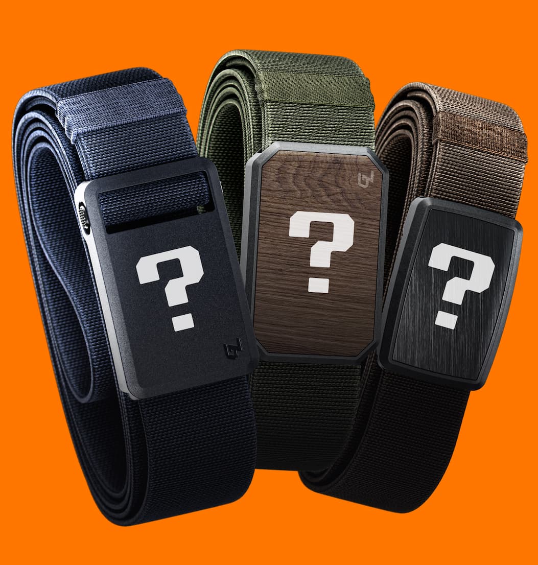 Image of 3 groove belts with mystery question marks on them.