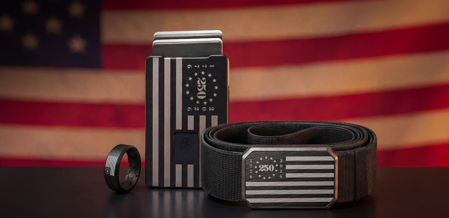 Image of the three new America 250 products. Zeus Edge Ring, Groove Wallet, and OG Groove Belt.