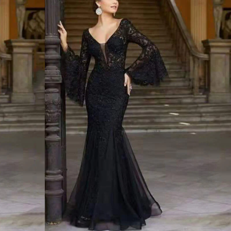 Image of Vintage Lace Embroidery Fishtail Slim Evening Dress