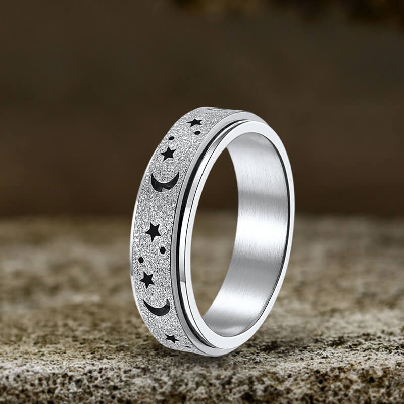 Image of Frosted Hollow Star Moon Stainless Steel Spinner Ring