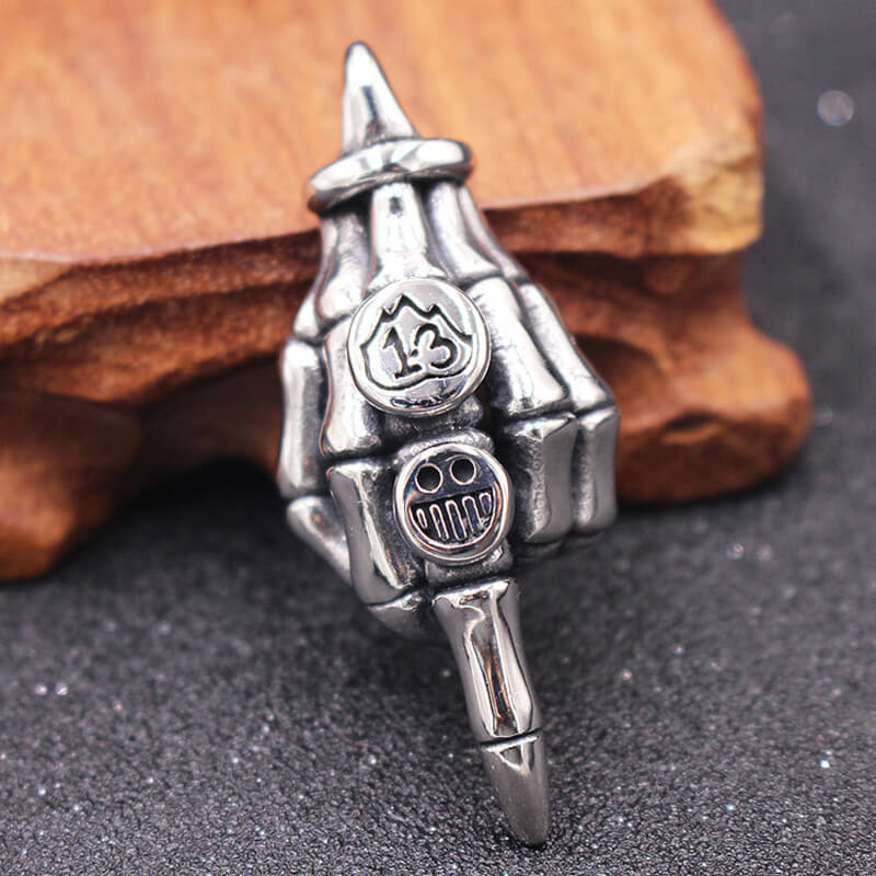 Image of Punk Skeleton Hand Smiley Face Stainless Steel Pendant