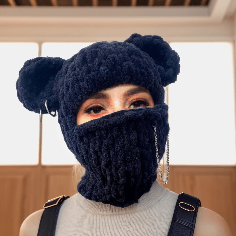 Image of Solid Color Bear Ear Knit Balaclava Hat