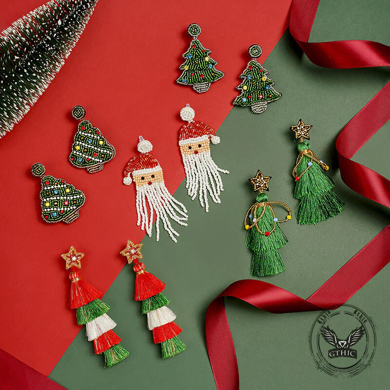 Image of Christmas Tree Santa Cartoon Tassel Rice Bead Earrings