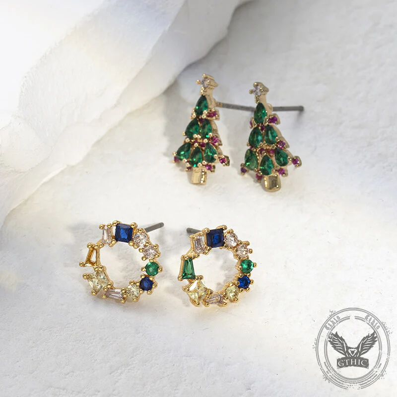 Image of Christmas Tree Wreath Simple Zircon Copper Earrings