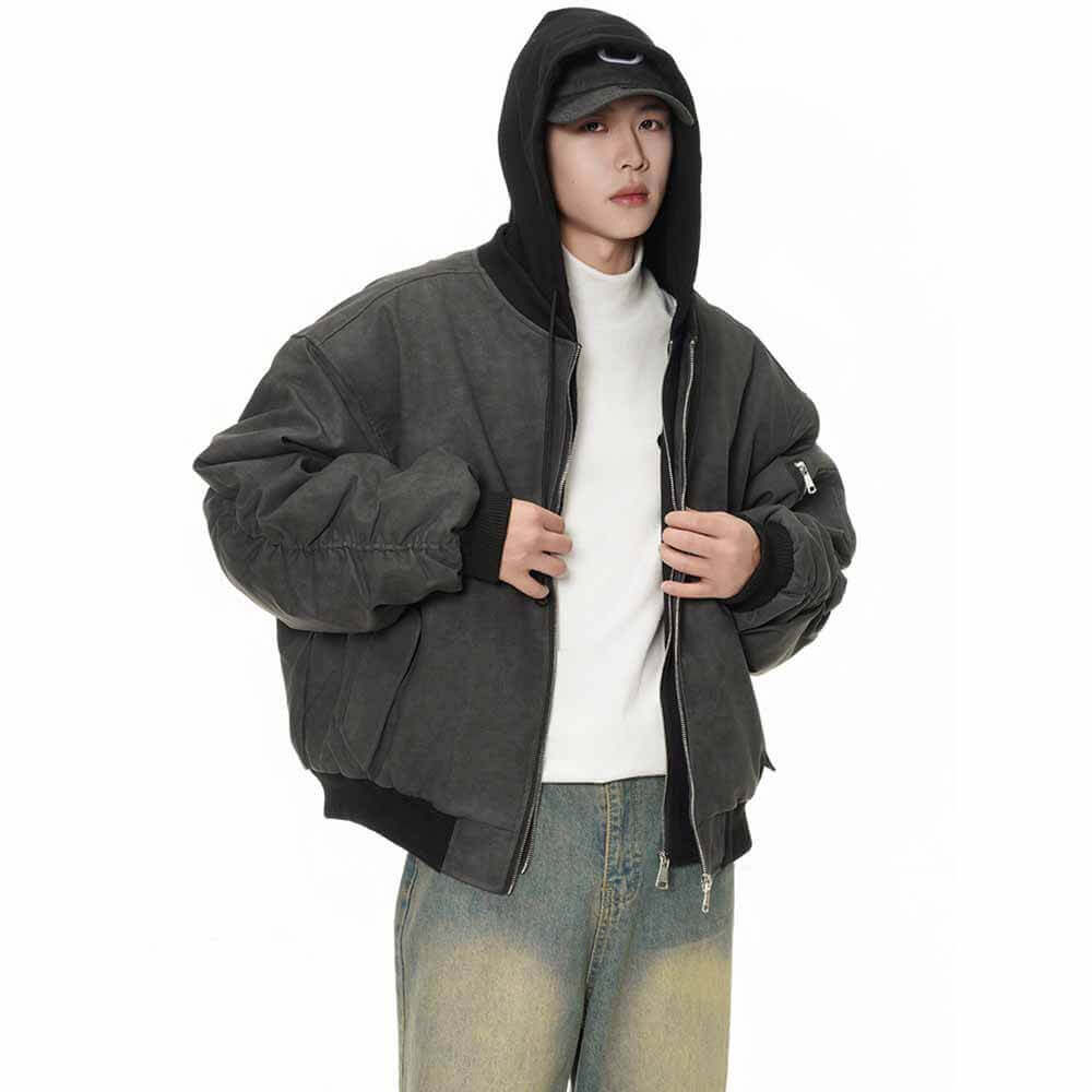 Image of Double Layer Zipper PU Leather Textured Hoodie Jacket