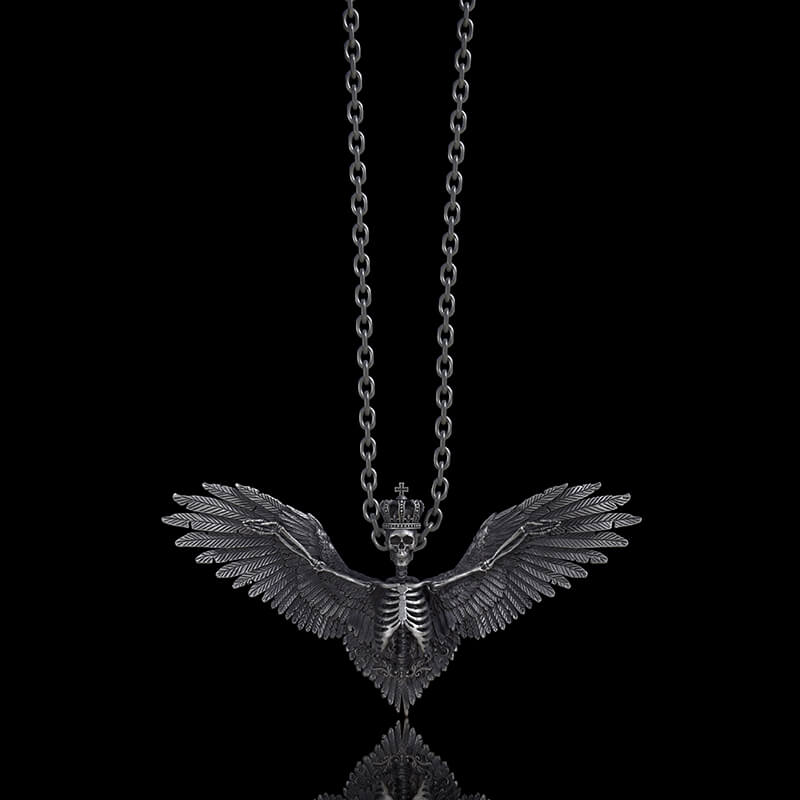 Image of Crowned Skeleton Wings Sterling Silver Pendant