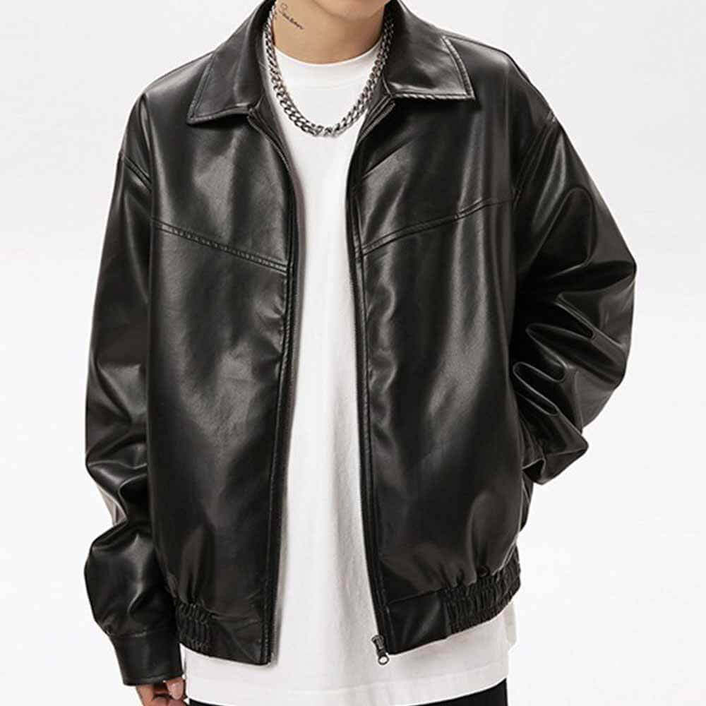 Image of Black Vintage Street Style Zipper Leather Jacket