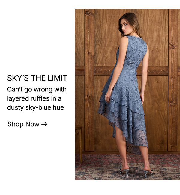 Can’t go wrong with layered ruffles in a dusty sky-blue hue.