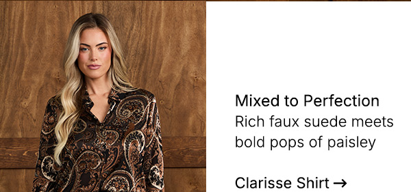 Mixed to Perfection—a rich faux-suede mini meets a bold paisley shirt.