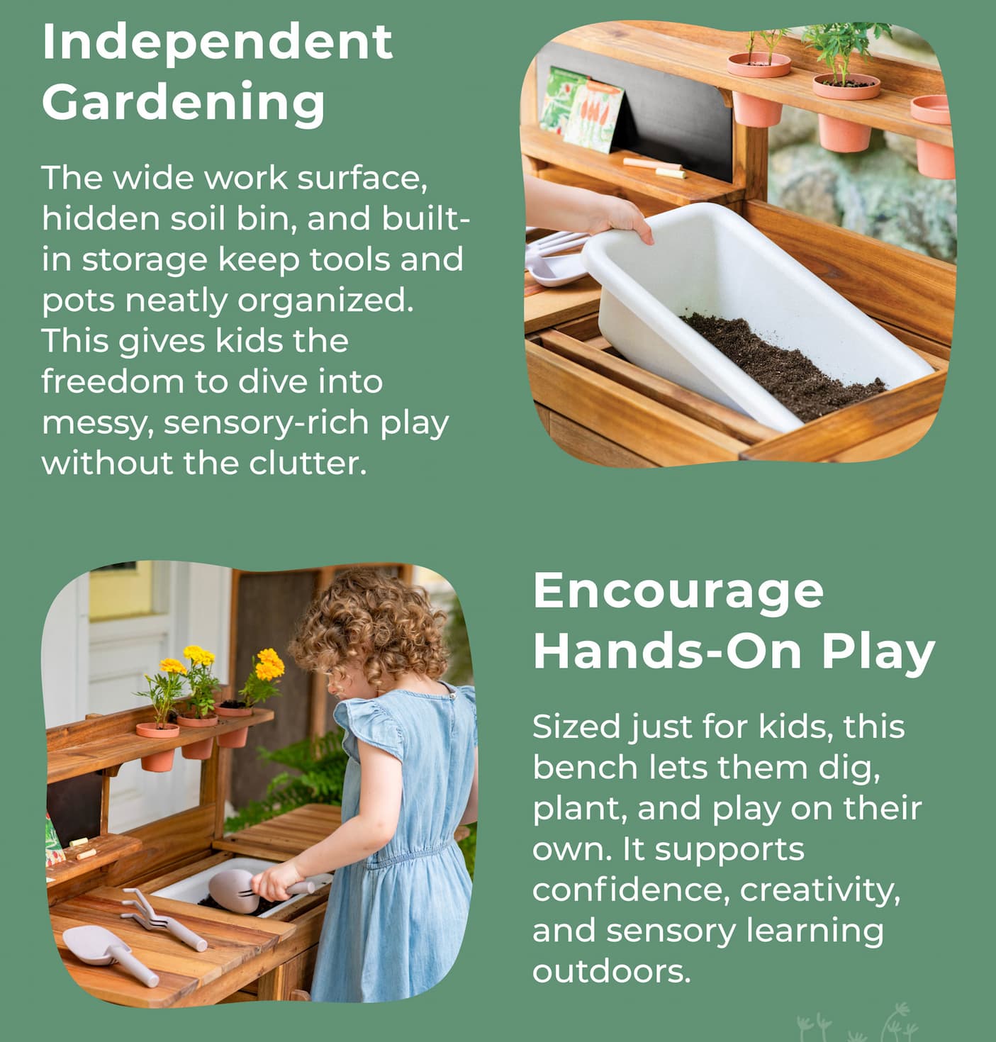 Encourage hands-on gardening and nature play with this beautifully designed outdoor potting bench for kids.