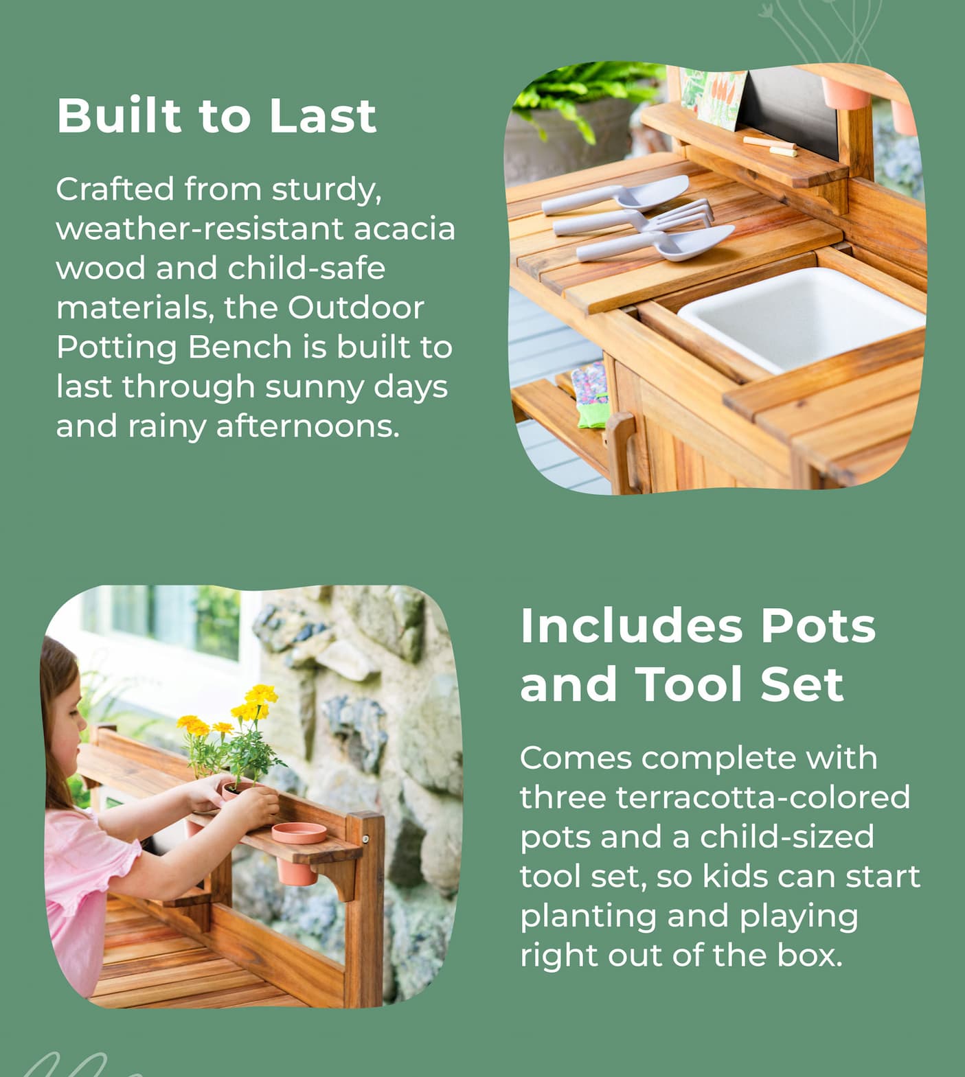 Encourage hands-on gardening and nature play with this beautifully designed outdoor potting bench for kids.
