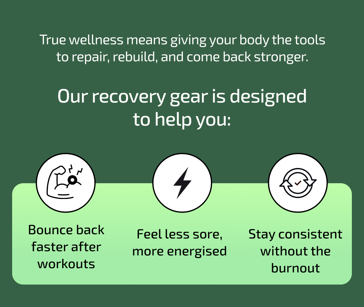 True wellness means giving your body the tools to repair, rebuild, and come back stronger.  \ Our recovery gear is designed to help you: Bounce back faster after workouts| Feel less sore, more energised | Stay consistent without the burnout
