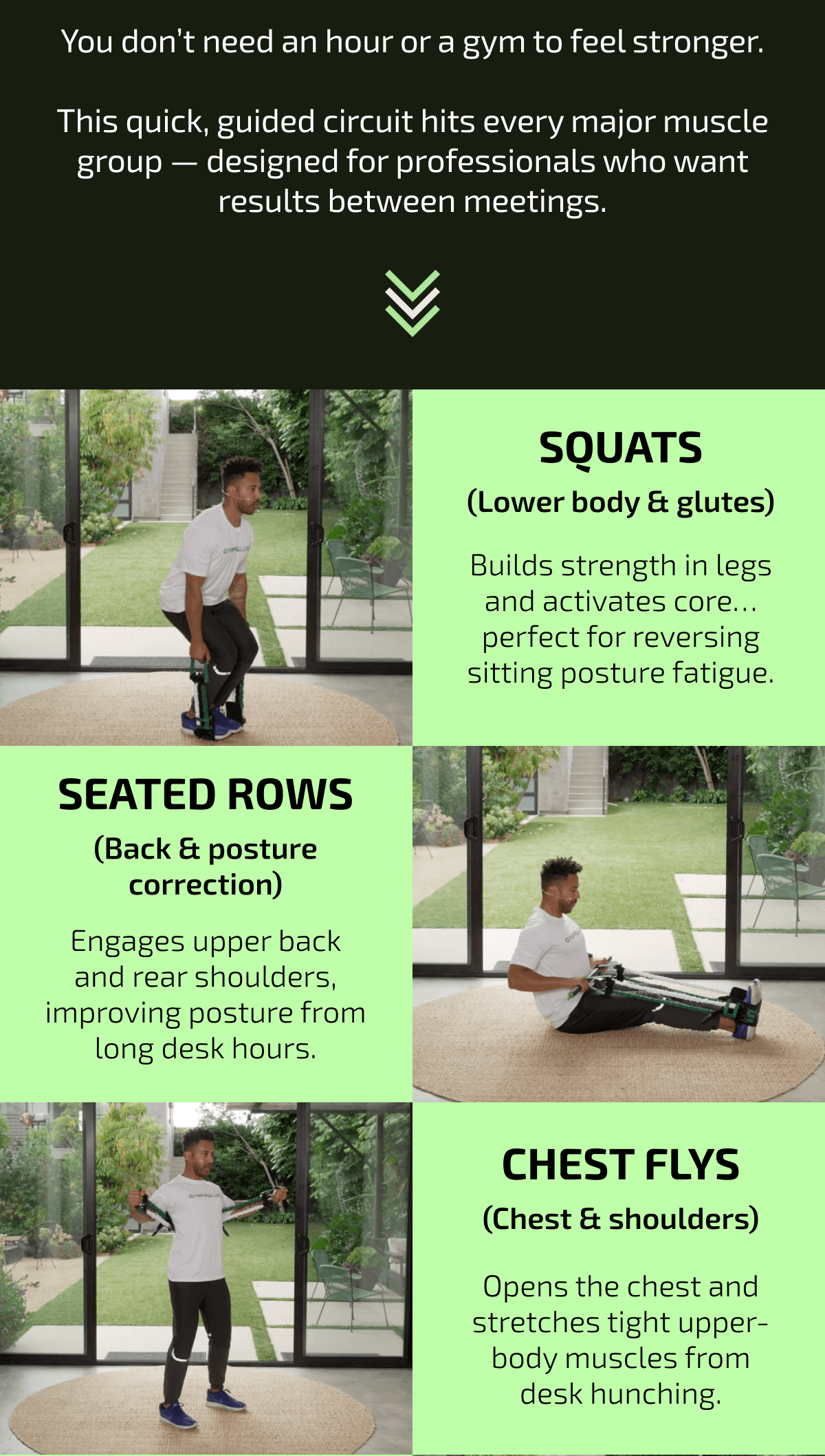You don’t need an hour or a gym to feel stronger.  This quick, guided circuit hits every major muscle group — designed for professionals who want results between meetings.