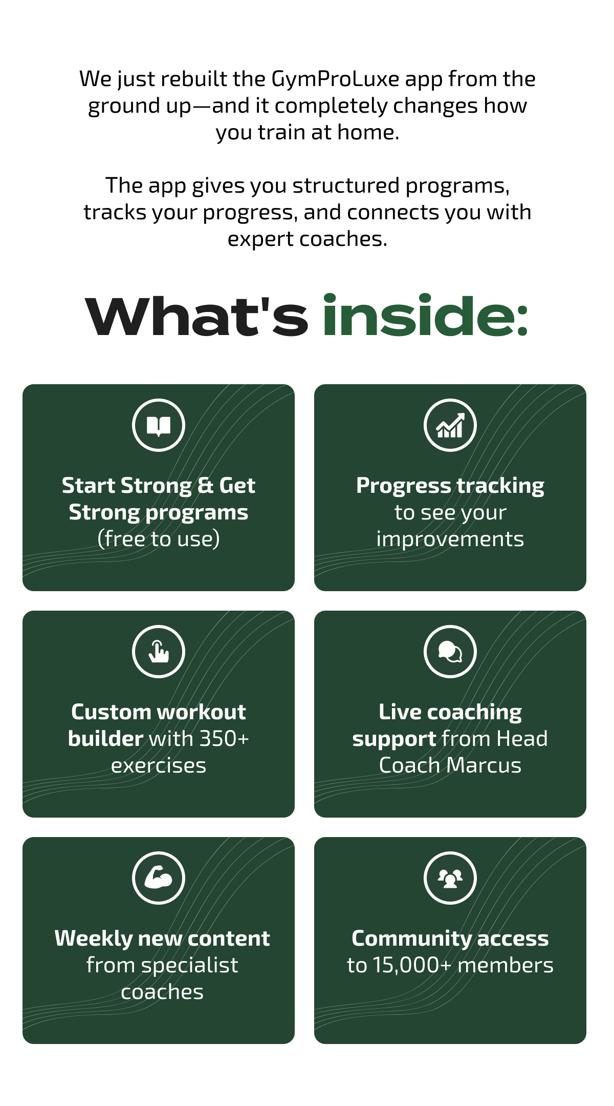 We just rebuilt the GymProLuxe app from the ground up—and it completely changes how you train at home. The app gives you structured programs, tracks your progress, and connects you with expert coaches. What's inside: Start Strong & Get Strong programs (free to use) Progress tracking to see your improvements Custom workout builder with 350+ exercises Live coaching support from Head Coach Marcus Weekly new content from specialist coaches Community access to 15,000+ members