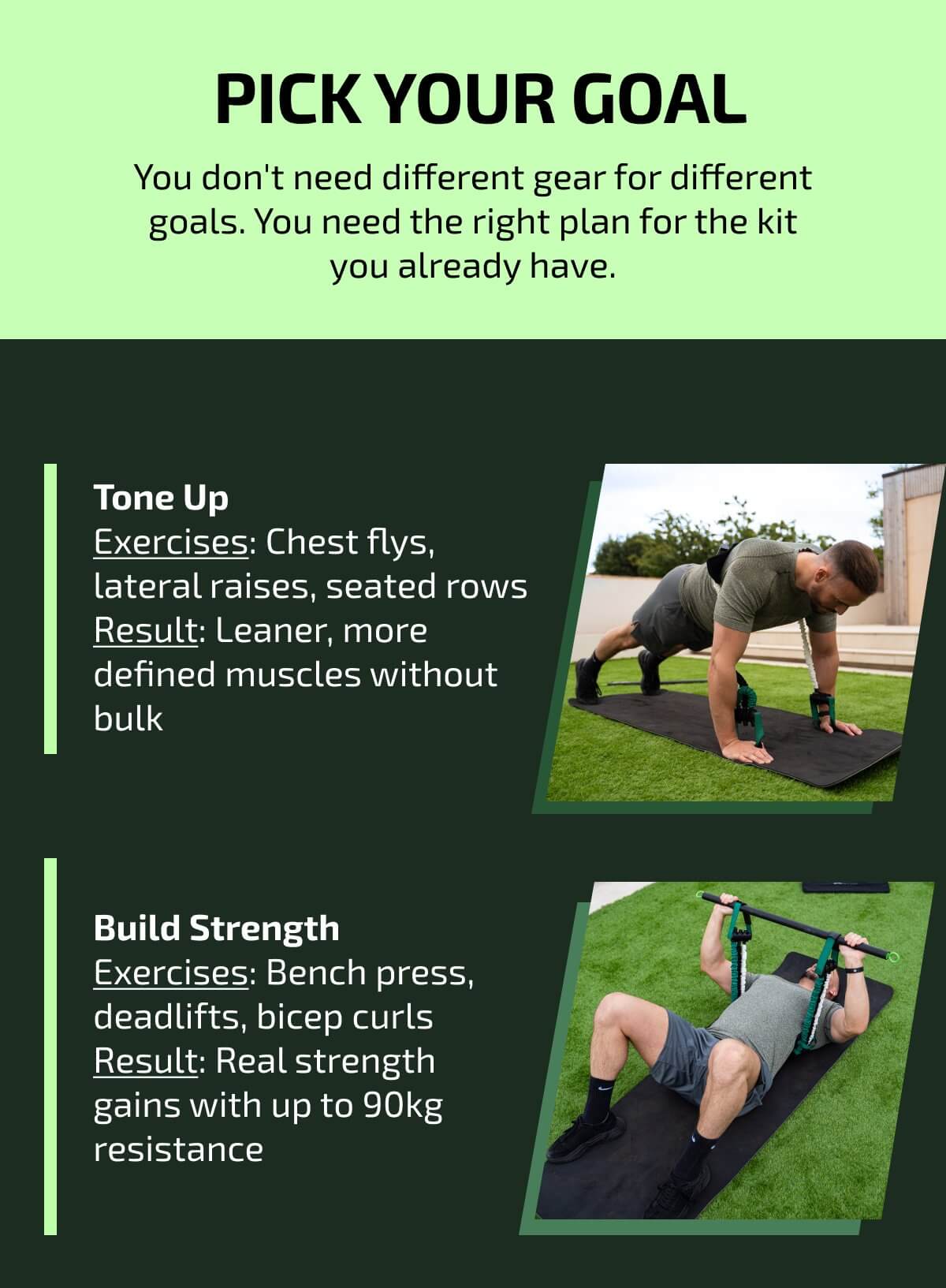  Pick Your Goal | You don't need different gear for different goals. You need the right plan for the kit you already have. | Three goals. One decision. | FIND YOUR WORKOUT