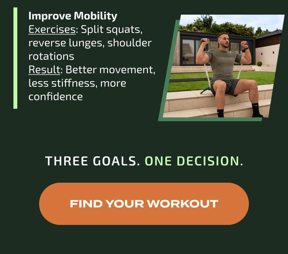  Pick Your Goal | You don't need different gear for different goals. You need the right plan for the kit you already have. | Three goals. One decision. | FIND YOUR WORKOUT