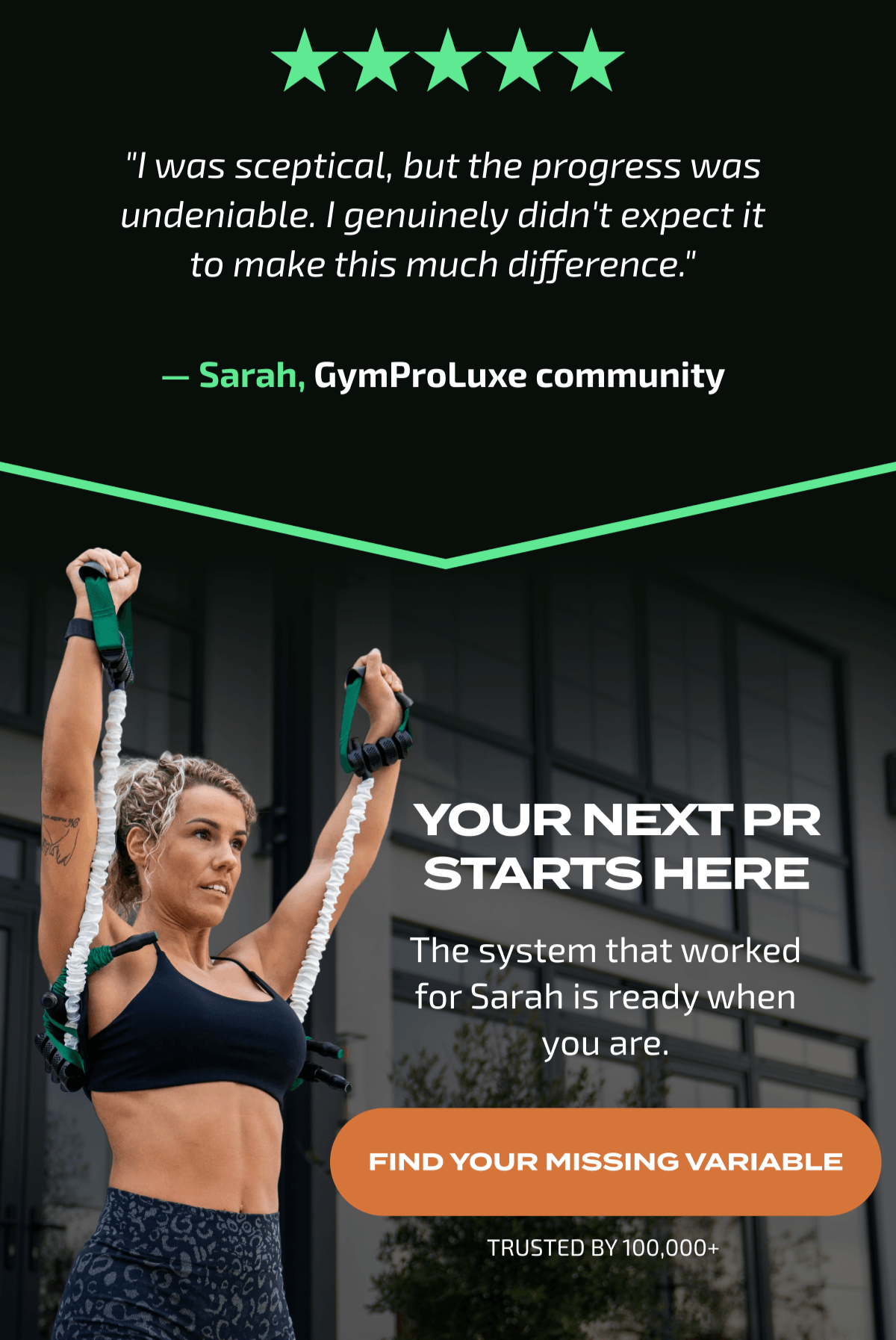 "I was sceptical, but the progress was undeniable. I genuinely didn't expect it to make this much difference." — Sarah, GymProLuxe community | Your Next PR Starts Here | FIND YOUR MISSING VARIABLE