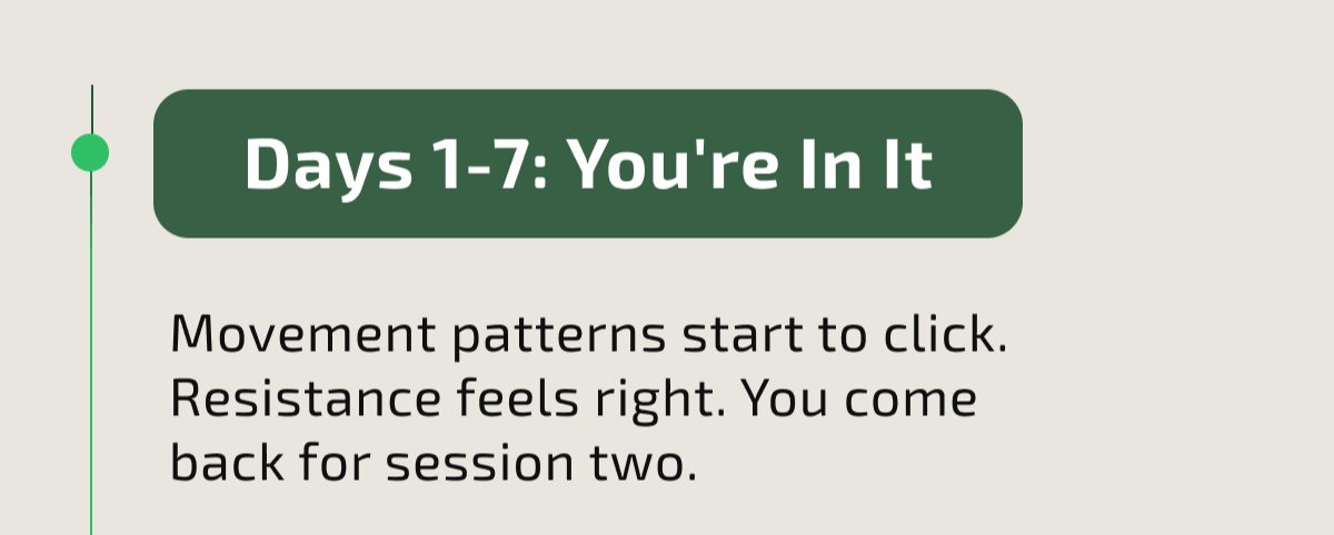 Days 1-7: You're In It Movement patterns start to click. Resistance feels right. You come back for session two.