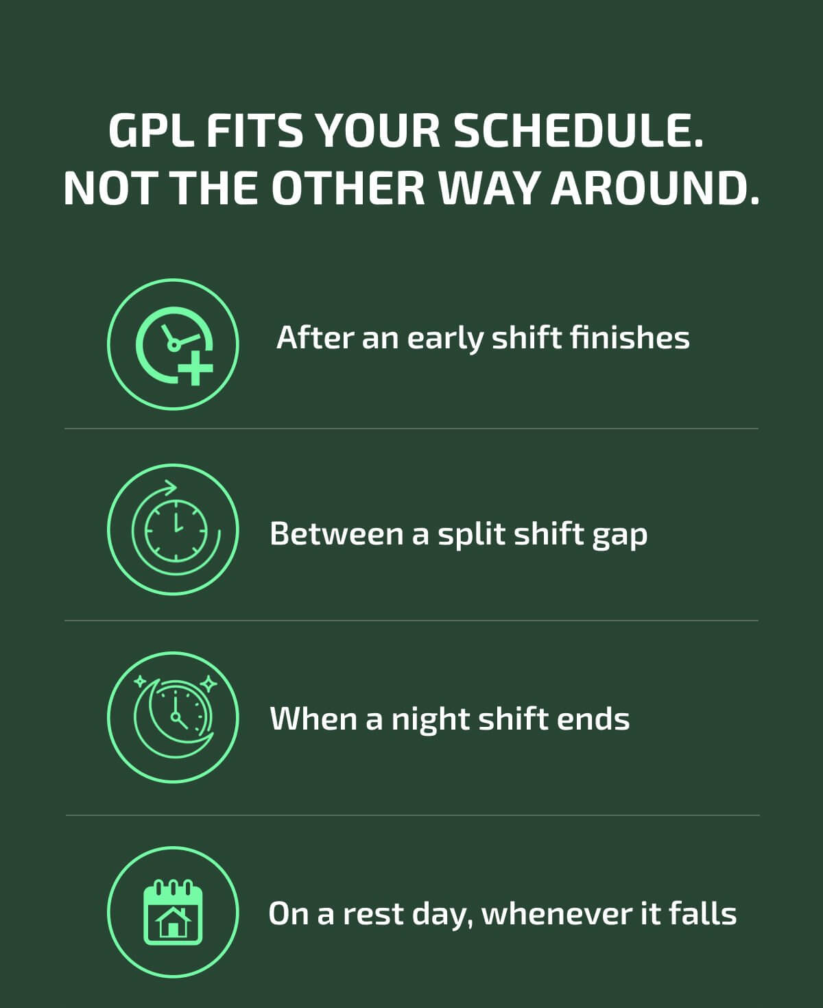 GPL FITS YOUR SCHEDULE. NOT THE OTHER WAY AROUND. After an early shift finishes Between a split shift gap When a night shift ends On a rest day, whenever it falls