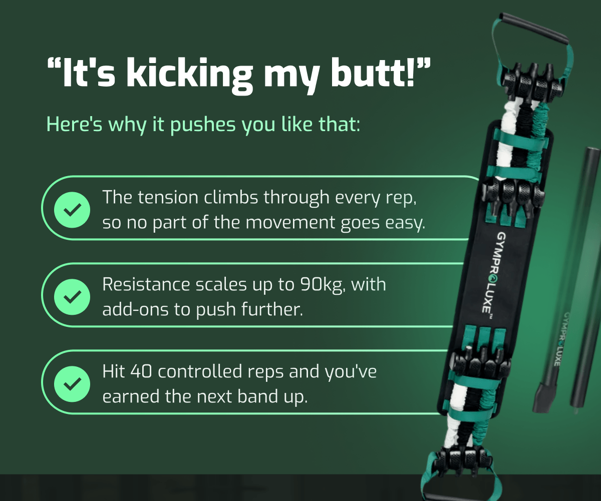 It's kicking my butt! Here's why it pushes you: tension climbs through every rep, resistance scales to 90kg, and 40 reps earns the next band up.