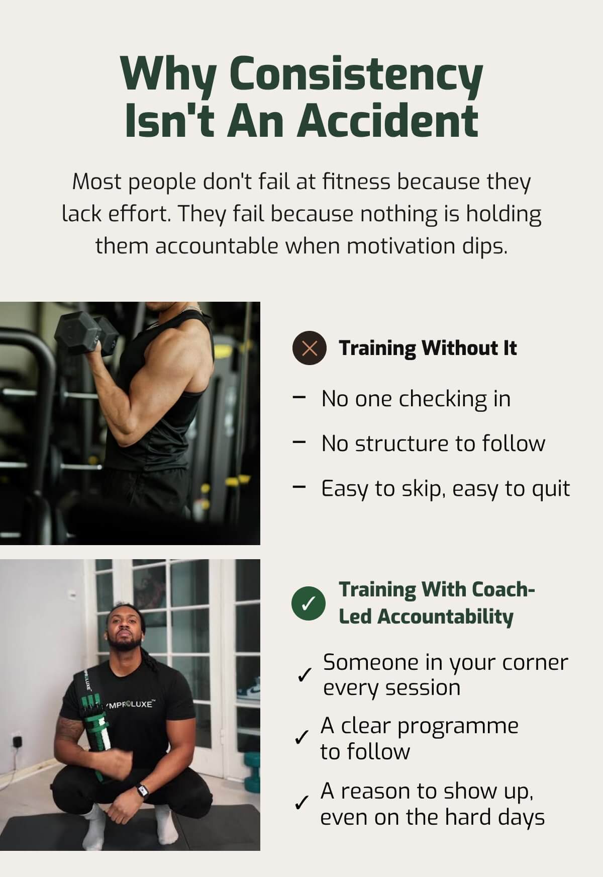 Why Consistency Isn't An Accident: Most people fail at fitness because they lack accountability. Choose coach-led accountability for better results.