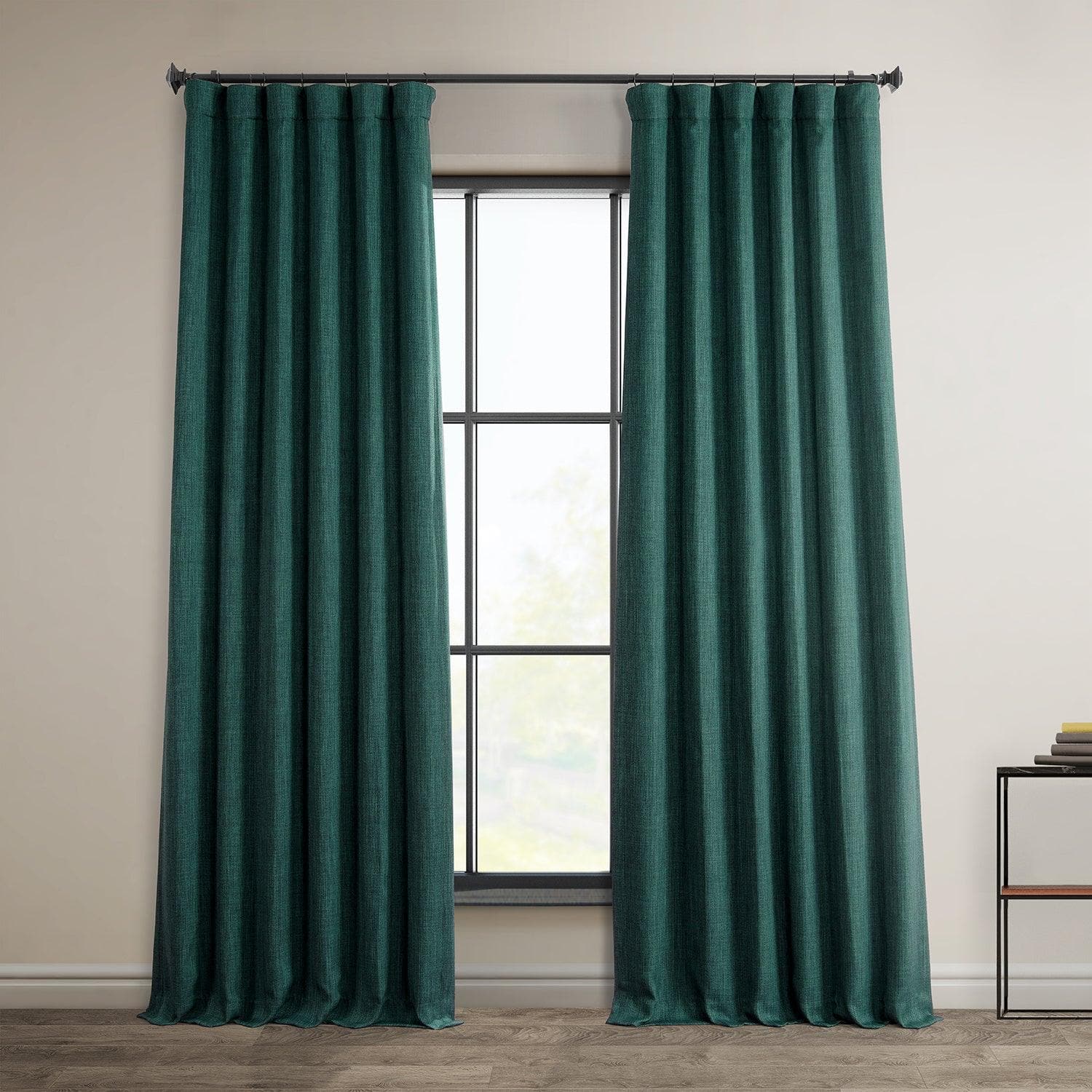 Image of Slate Teal Green Textured Faux Linen Room Darkening Curtain