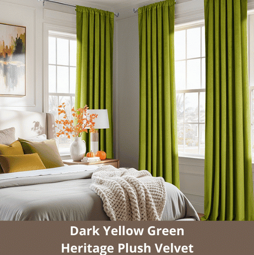 Dark Yellow Green Heritage Plush Velvet Room Darkening Curtain