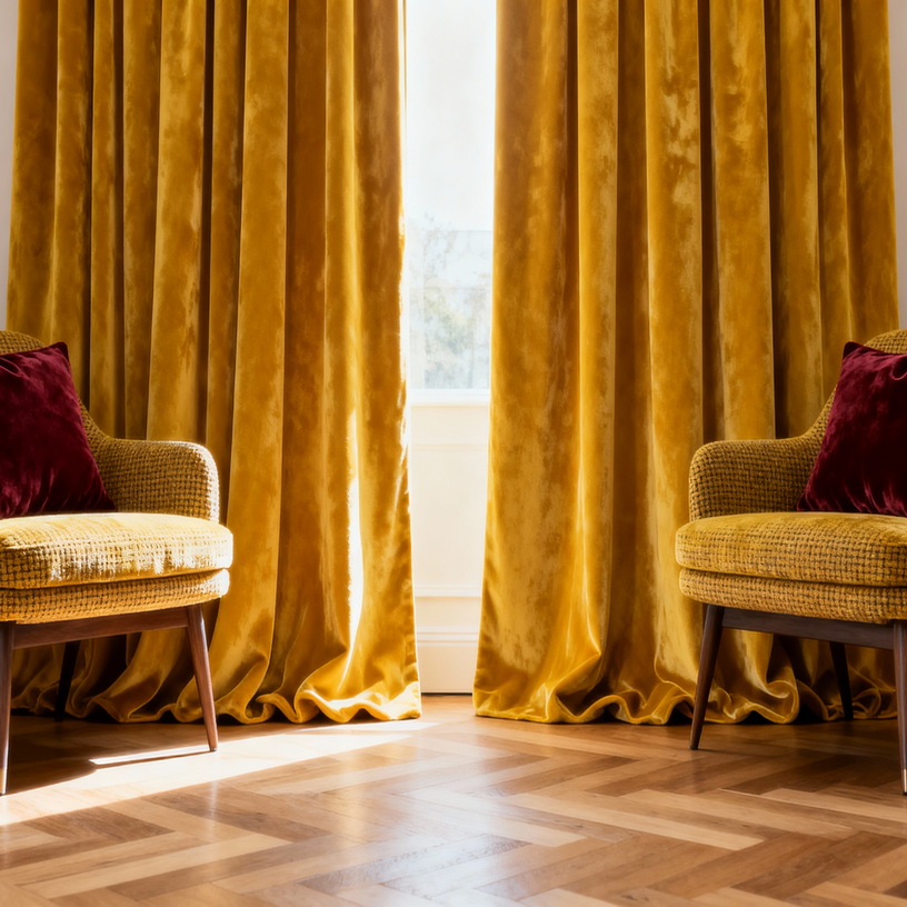 Elegant living space with floor-length golden velvet curtains. Two mid-century style mustard yellow armchairs with wooden legs face each other, each decorated with a deep burgundy velvet pillow. A side table with a vase of fresh flowers sits to the left, and warm sunlight highlights the patterned wood floor.