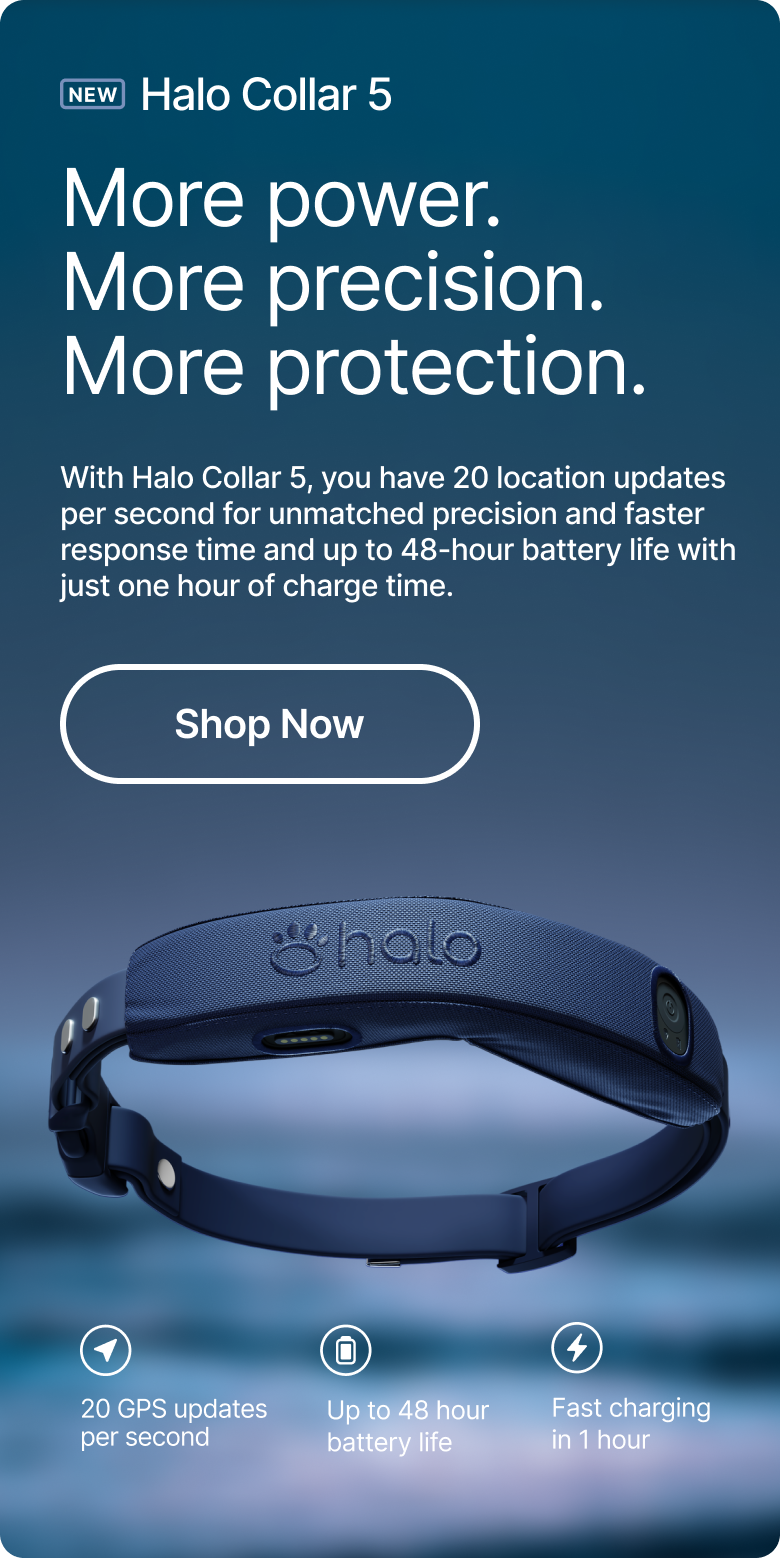 New Halo Collar 5: unmatched power and precision. With Halo Collar 5, you have 20 location updates per second for unmatched precision and faster response time and up to 48-hour battery life with just one hour of charge time.