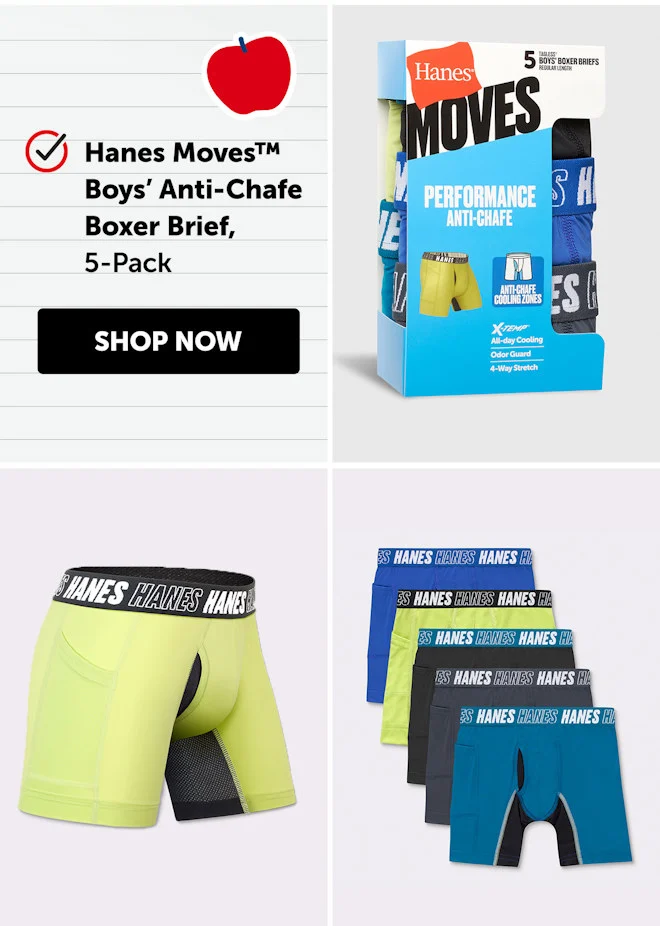 Hanes Moves Boys’ Anti-Chafe Boxer Brief, 5-Pac