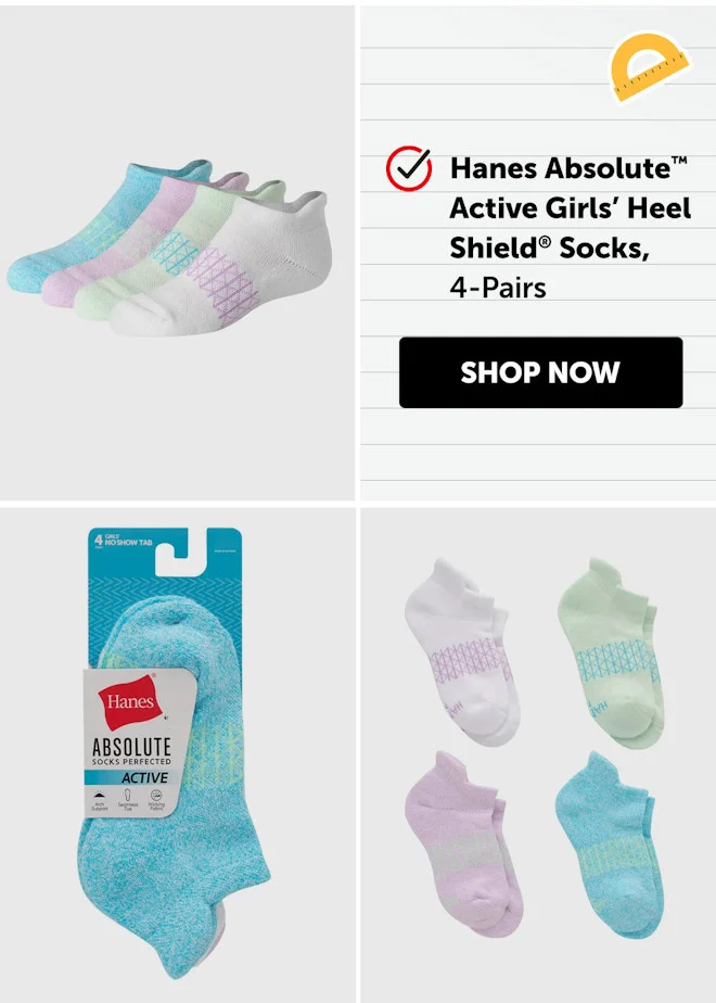 Hanes Absolute Active Girls’ Heel Shield Socks, 4-Pairs