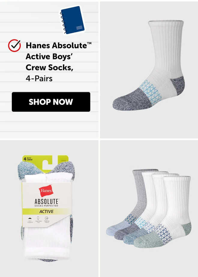 Hanes Absolute Active Boys’ Crew Socks, 4-Pairs