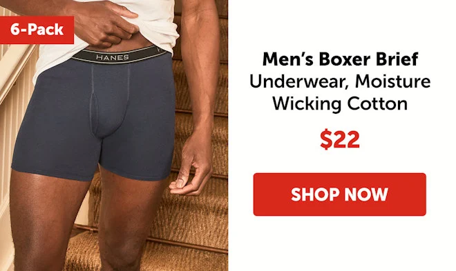 Men’s Boxer Brief Underwear, Moisture Wicking Cotton, 6-Pack