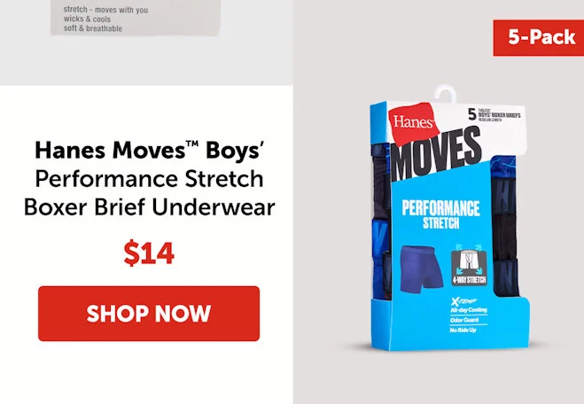 Hanes Moves Boys’ Performance Stretch Boxer Brief Underwear, 5-Pack