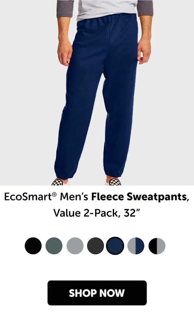 EcoSmart Men’s Fleece Sweatpants, Value 2-Pack, 32”
