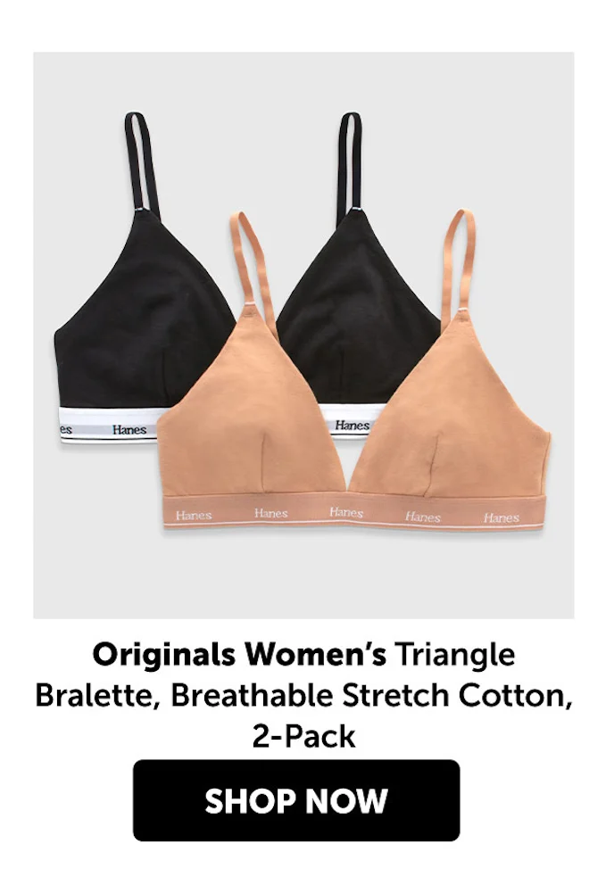 Originals Women’s Triangle Bralette, Breathable Stretch Cotton, 2-Pack