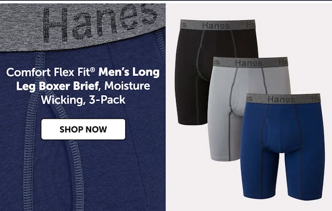 Comfort Flex Fit Men’s Long Leg Boxer Brief, Moisture Wicking, 3-Pack