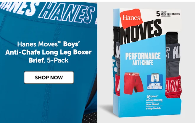 Hanes Moves Boys’ Anti-Chafe Long Leg Boxer Brief, 5-Pack