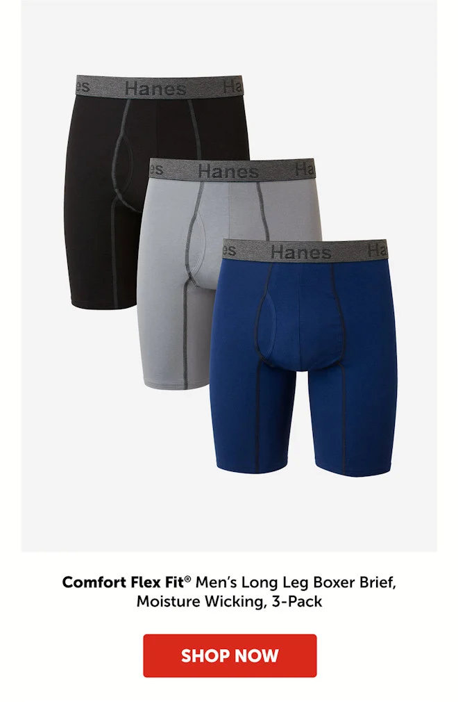 Comfort Flex Fit Men’s Long Leg Boxer Brief, Moisture Wicking, 3-Pack