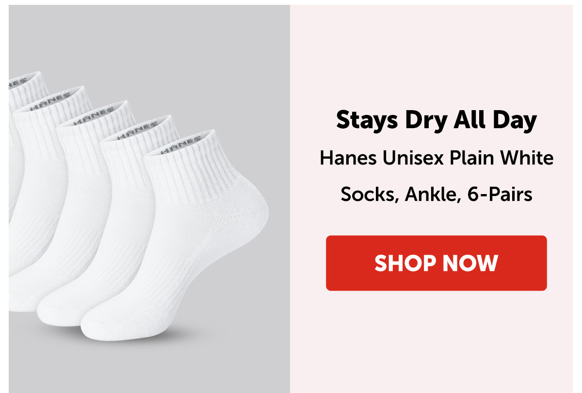 Hanes Unisex Plain White Socks, Ankle, 6-Pairs