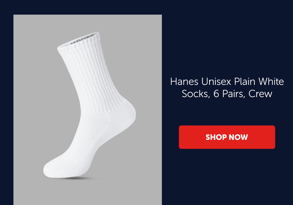 Hanes Unisex Plain White Socks, 6 Pairs, Crew