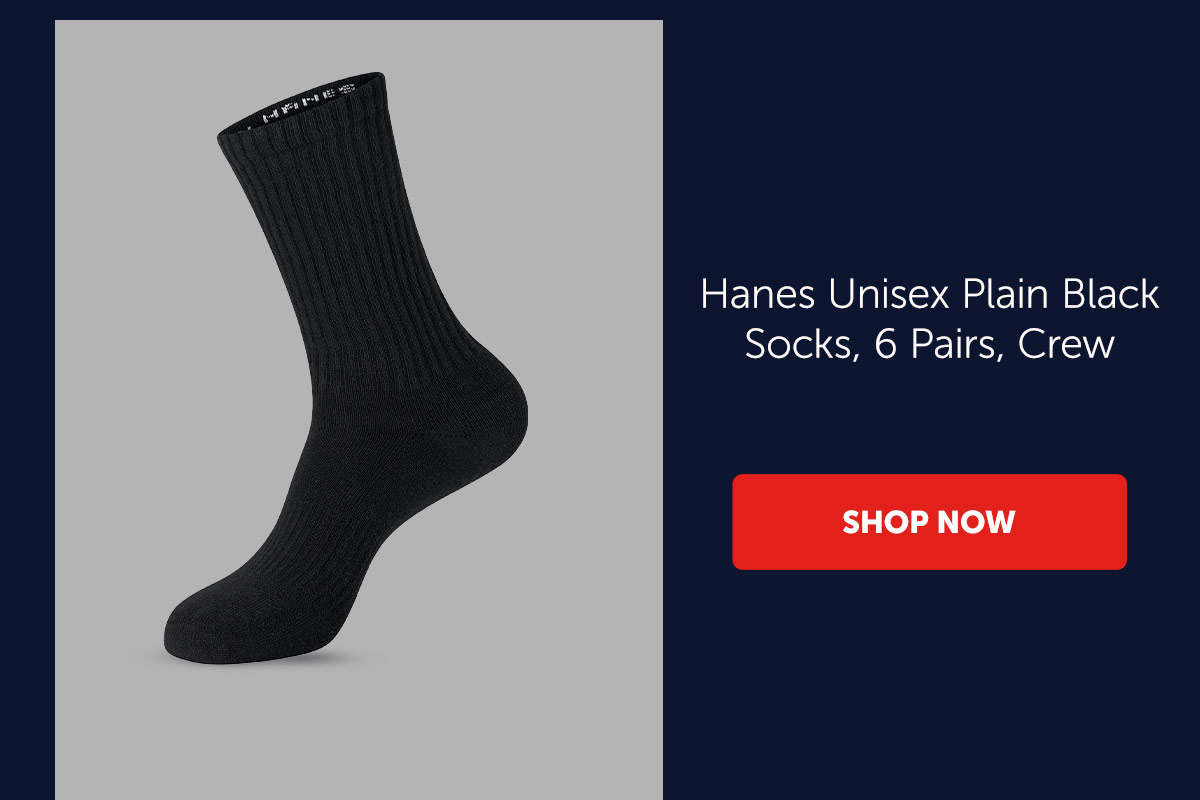 Hanes Unisex Plain Black Socks, 6 Pairs, Crew